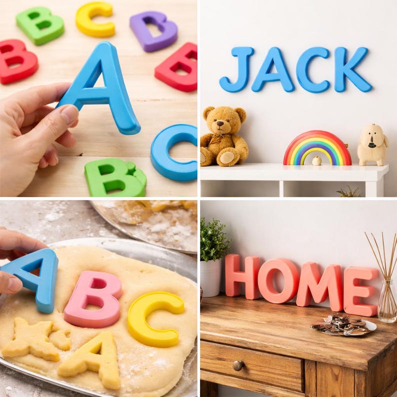 May include: A collage of images featuring colorful alphabet letters and decorative word signs. One image shows a hand holding a blue letter "A". Other images display the word "JACK" and "HOME" in blue and coral letters, respectively. A teddy bear and rainbow are also shown.