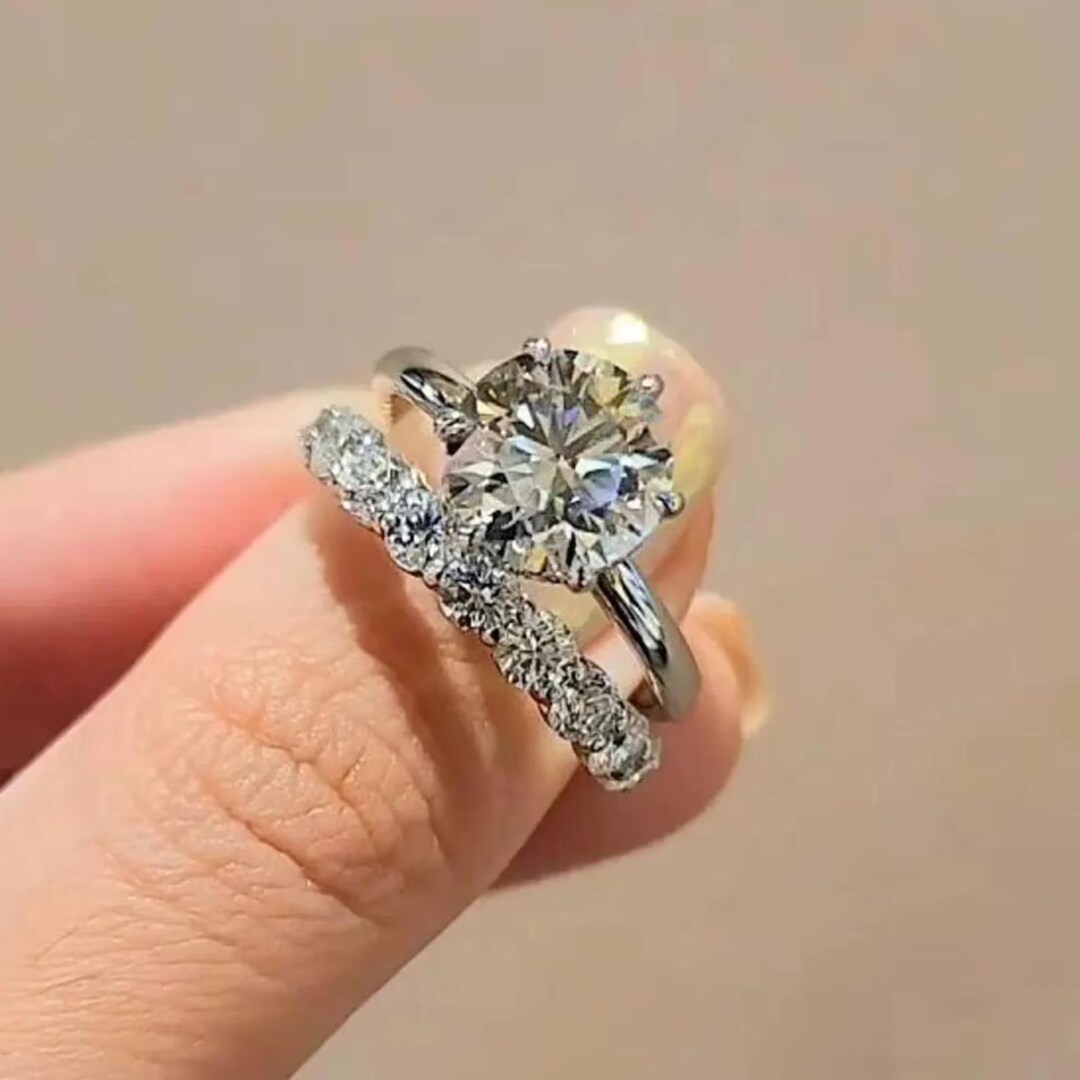 2CT Round Cut Moissanite Engagement Ring 14k White Gold Bridal Set ...