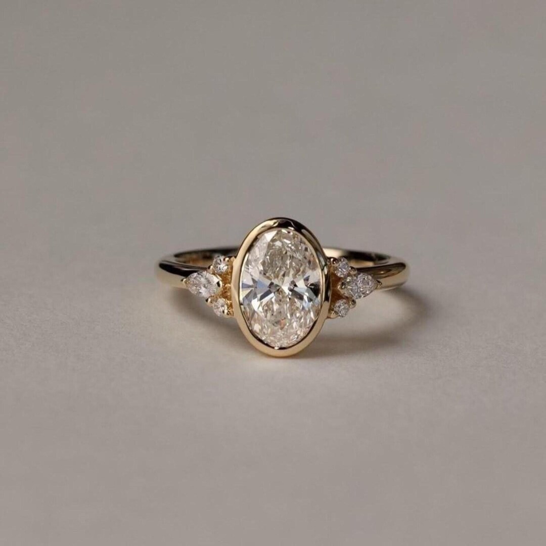 2CT Oval Cut Moissanite Bezel Engagement Ring, 14K Solid Gold Wedding ...