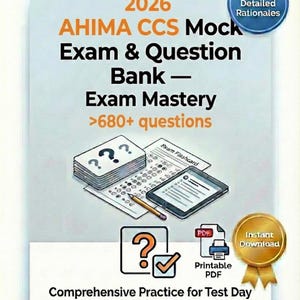 Puede incluir: Portada de libro con el título "2026 AHIMA CCS Mock Exam & Question Bank - Exam Mastery" en texto negro y naranja. La imagen incluye una pila de papeles con signos de interrogación, una tableta y un lápiz. Texto adicional incluye ">680+ questions".