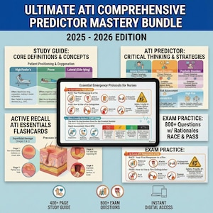 Guía de estudio y preparación para el examen de egreso del ATI 2025-2026 (predictor completo) / Más de 950 tarjetas didácticas, más de 800 preguntas de práctica / Apuntes de enfermería de nivel 3