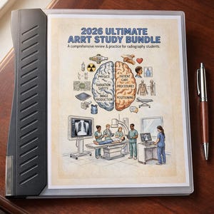 May include: A binder with a study guide titled "2026 Ultimate ARRT Study Bundle" for radiography students. The cover features illustrations of medical concepts, including radiation safety, patient care, and image production. A pen rests on a wooden surface.