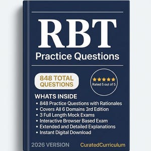 May include: A navy blue book titled "RBT Practice Questions" with white text. The book cover includes the text "848 TOTAL QUESTIONS" and "Rated 5 out of 5". The book lists the contents, including practice questions, mock exams, and an interactive browser-based exam.