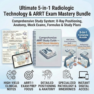 Könnte beinhalten: Ein umfassendes Studienpaket für die ARRT-Examensbeherrschung, das einen Studienführer, Probeexamina und Spickzettel enthält. Enthält hochwirksame klinische Notizen, detaillierte Anatomie und sofortigen digitalen Zugriff. Der Titel lautet: Ultimate 5-in-1 Radiologic Technology & ARRT Exam Mastery Bundle.