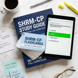 Może przedstawiać: Widok z góry na materiały do nauki: granatowa książka "SHRM-CP Study Guide", fiszki i tablet z pytaniem wielokrotnego wyboru. Obecne są również filiżanka kawy, długopis, zakreślacz i okulary.
