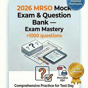 Könnte beinhalten: Ein digitaler Lernleitfaden für die 2026 MRSO Mock Exam & Question Bank. Das Bild zeigt Examensmaterialien, darunter Karteikarten, ein Tablet und einen Bleistift. Der Text enthält "Exam Mastery" und ">1000 questions". Der Leitfaden ist als druckbares PDF verfügbar.