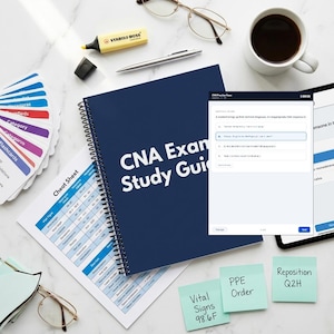 Può includere: Un libro blu scuro a spirale "CNA Exam Study Guide" è aperto su una superficie bianca, con un "Cheat Sheet" e flashcard nelle vicinanze. Un tablet mostra un esame di pratica. Altri oggetti includono un evidenziatore, penna, occhiali e post-it.
