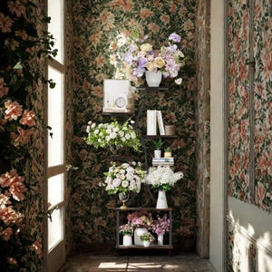 Puede incluir: Una estantería de metal oscuro de varios niveles llena de varios ramos de flores en jarrones blancos. Las flores incluyen rosas, hortensias y otras flores de temporada. La estantería está contra un fondo de pantalla floral.