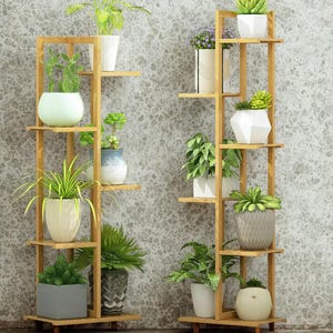 Może przedstawiać: Dwa drewniane stojaki na rośliny z wieloma półkami, z których każdy mieści różne rośliny doniczkowe. Stojaki wykonane są z jasnego drewna i mają warstwową konstrukcję. Rośliny obejmują sukulenty, paprocie i inne zielenie w białych, szarych i wzorzystych donicach.