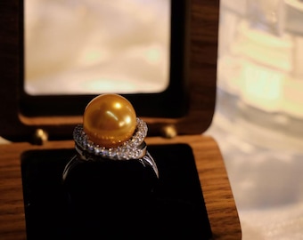 Golden Freshwater Pearl Ring, Silver Halo Statement Ring