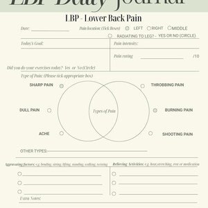 May include: A beige LBP Daily Journal with the title at the top. The journal includes sections for pain location, intensity, and type, with options like "Sharp Pain" and "Throbbing Pain." It also has space for goals, exercises, and notes.