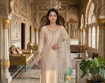 Completo Kurta in seta Vichitra firmato / Abito Anarkali ricamato, Dupatta smerlata