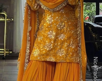 Set Sharara ricamato giallo radioso / 3 pezzi Salwar Kameez tradizionale indiano pakistano