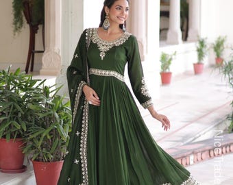 Abito da sposa Anarkali in georgette verde smeraldo di design / Salwar Kameez di lusso in stile pakistano