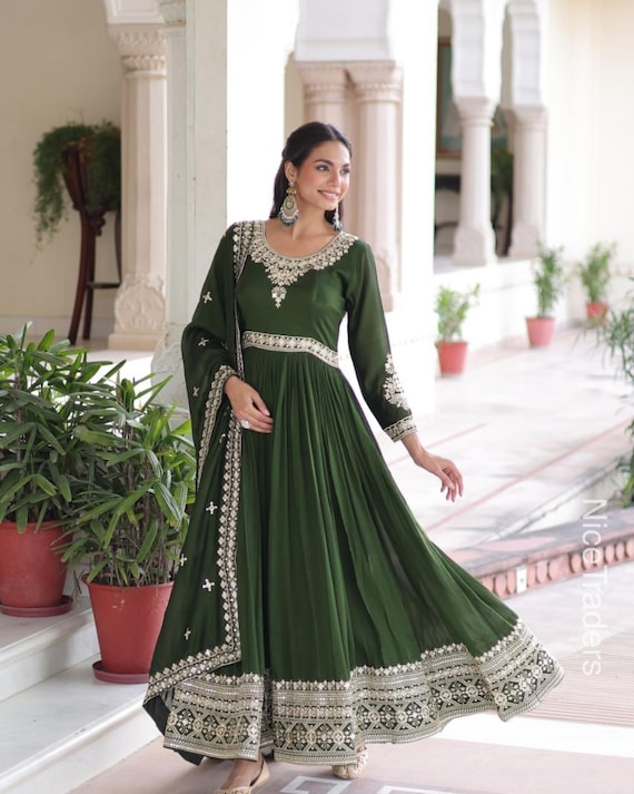 Designer Emerald Green Georgette Anarkali Gown | Luxury Pakistani Style Salwar Kameez