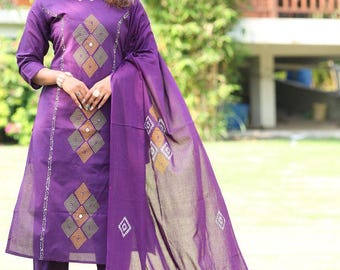 Set di pantaloni Kurti viola in puro cotone / Dupatta Mulmul con stampa a blocchi a mano, lavorazione a specchio