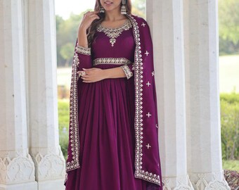 Abito da sposa Anarkali in georgette viola smeraldo firmato / Salwar Kameez di lusso in stile pakistano