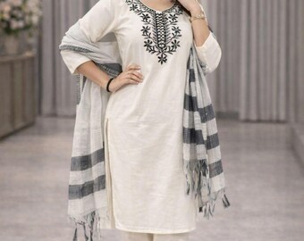 Completo Kurti in cotone Khadi ricamato / Salwar Kameez color crema con dupatta a righe
