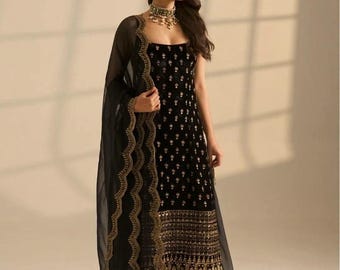 Salwar Kameez in raso nero stile romano / Dupatta smerlata con ricami dorati in zari, abito da sposa