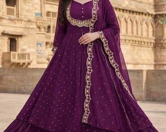 Completo Lehenga viola scuro firmato / Mantella in seta Vichitra Fox con ricami