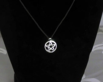 Pentacle Necklace Witch Jewelry Halloween Costume Silver Pentagram on Black Hemp Cord