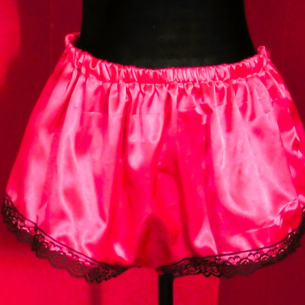 Hot Pink Satin Shorts with Black Lace Tap Pants French Knickers Halloween Costume One Size Fits Most Dancer Vintage Lingerie Wedding Bridal