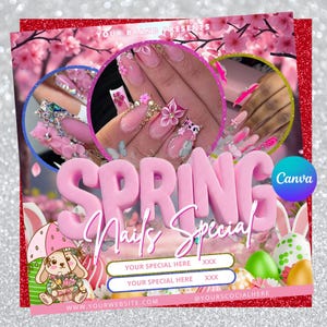 Puede incluir: Un gráfico promocional rosa y rojo para un salón de uñas. El texto "SPRING Nails Special" está en letras rosas en 3D. La imagen incluye ejemplos de arte de uñas, huevos de Pascua y un conejito con un paraguas. El logotipo de Canva es visible.