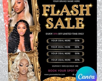 Flash sale brochure, flash sale brochure, hair, braids, nail technology, eyelash technology, makeup artist, wig brochure, Canva template.