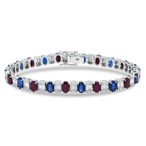 Bracciale tennis unisex in argento con moissanite da 20 ct colore D VVS1, diamanti e rubino ovale naturale, zaffiro blu e diamante coltivato in laboratorio.