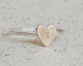 Personalized Initial Heart Ring, Custom Initial Ring, Stacking Ring, Love ring, Gift For Her, Sterling Silver, 14k Gold Fill