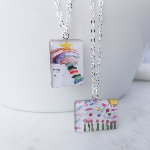 Actual Kids Drawing SS Necklace, Childs Artwork w/ Color Jewelry, Personalized Silver Necklace For Mom, Child Loss Special Gift For Grandma