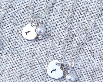 Bridesmaid Thank You Gift, Tiny Pearl Necklace with Custom Heart Charm in Sterling Silver, Flower Girl Proposal, Bridesmaid, Maid Of Honor