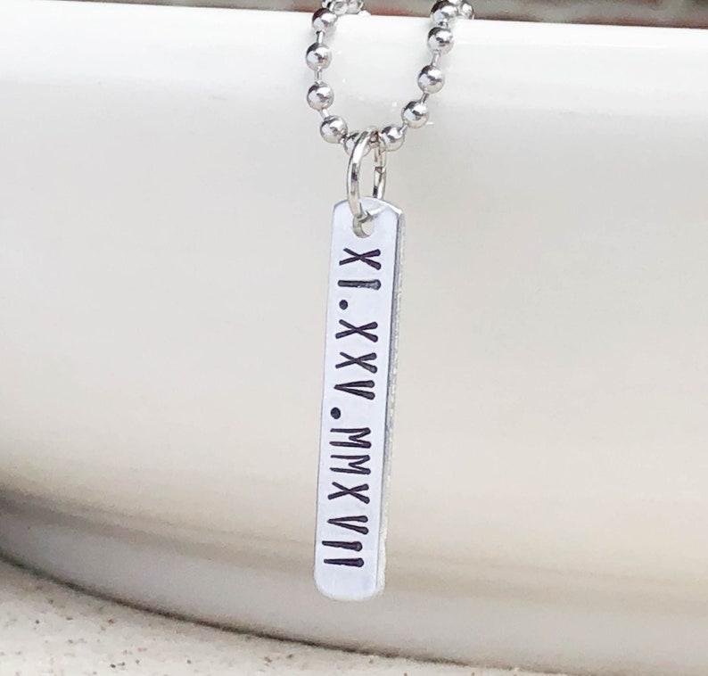 Personalized Bar Necklace Men's Necklace Roman Numeral Necklace Vertical Bar Necklace Stamped bar Necklace Anniversary Gift Dad Gift image 3