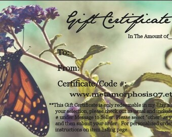 Metamorphosis Design Studio Gift Certificate - Jewelry Gift Card (Other Amounts Available) -