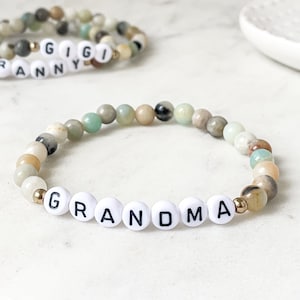 Personalized Beaded Gemstone Stretch Name Bracelet, Custom Grandma MiMi GiGi Name Jewelry, Christmas Stocking Stuffer from Grandchildren