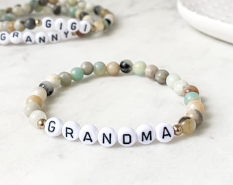 Personalized Beaded Gemstone Stretch Name Bracelet, Custom Grandma MiMi GiGi Name Jewelry, Christmas Stocking Stuffer from Grandchildren