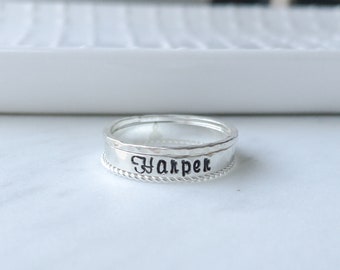 Silver Stackable Name Rings, Mom Mother’s Day Gift, Push Present Ring New Mom Gift, Custom Stacking Ring Set, Kids Name Rings Gift For Mom