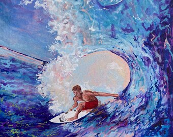 Barrel Beach Surf Painting Square Art Ocean Vibes for Small Space