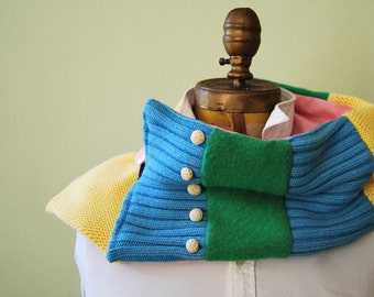 Pink Yellow Turquoise Green Woman’s Wide Patchwork Neck Warmer with Unique Buttons