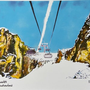 Print of an Original Landscape Painting Bernese Alps Switzerland Chairlift in the Rocks
