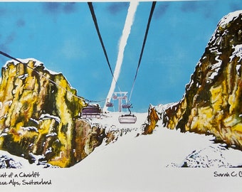 Print of an Original Landscape Painting Bernese Alps Switzerland Chairlift in the Rocks