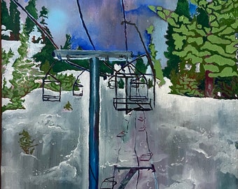 Original Painting Oil and Spray Paint Portrait of a Chairlift at Lake Tahoe