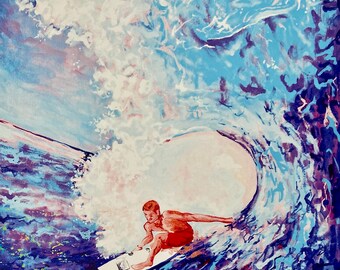 Colorful Print of an Original Surf Painting Purple and Blue Ocean Barrel