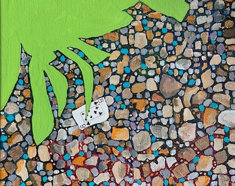 Eight of Clubs Hidden Under a Bush In the Rocks Green Acrylic Painting