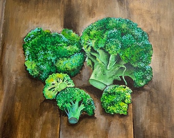 May include: A painting of five broccoli florets on a brown wooden background. The florets are arranged in a heart shape.