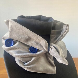 Soft and Cozy Gray Velour Scarflette with Matte Metallic Blue Buttons image 2