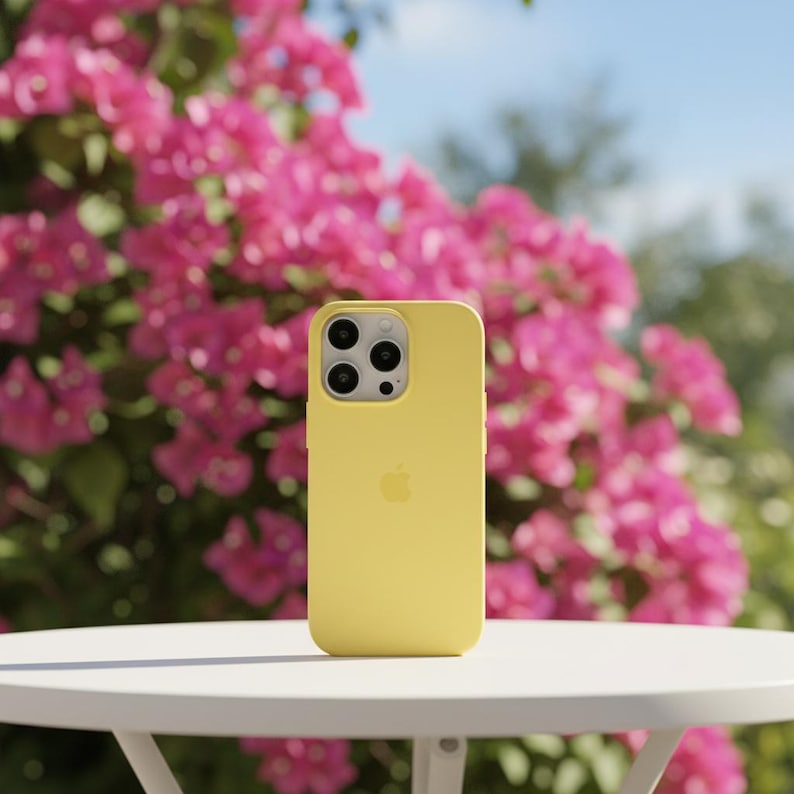 May include: A yellow phone case with a triple-lens camera cutout and the Apple logo. The case is standing on a white table with a blurred background of pink flowers and green foliage.
