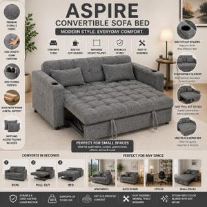 Convertible Grey Aspire Sofa Bed, Small Space Sleeper Sofa, Modern 2 Seater Couch Bed, Loveseat Guest Bed for Apartment Living