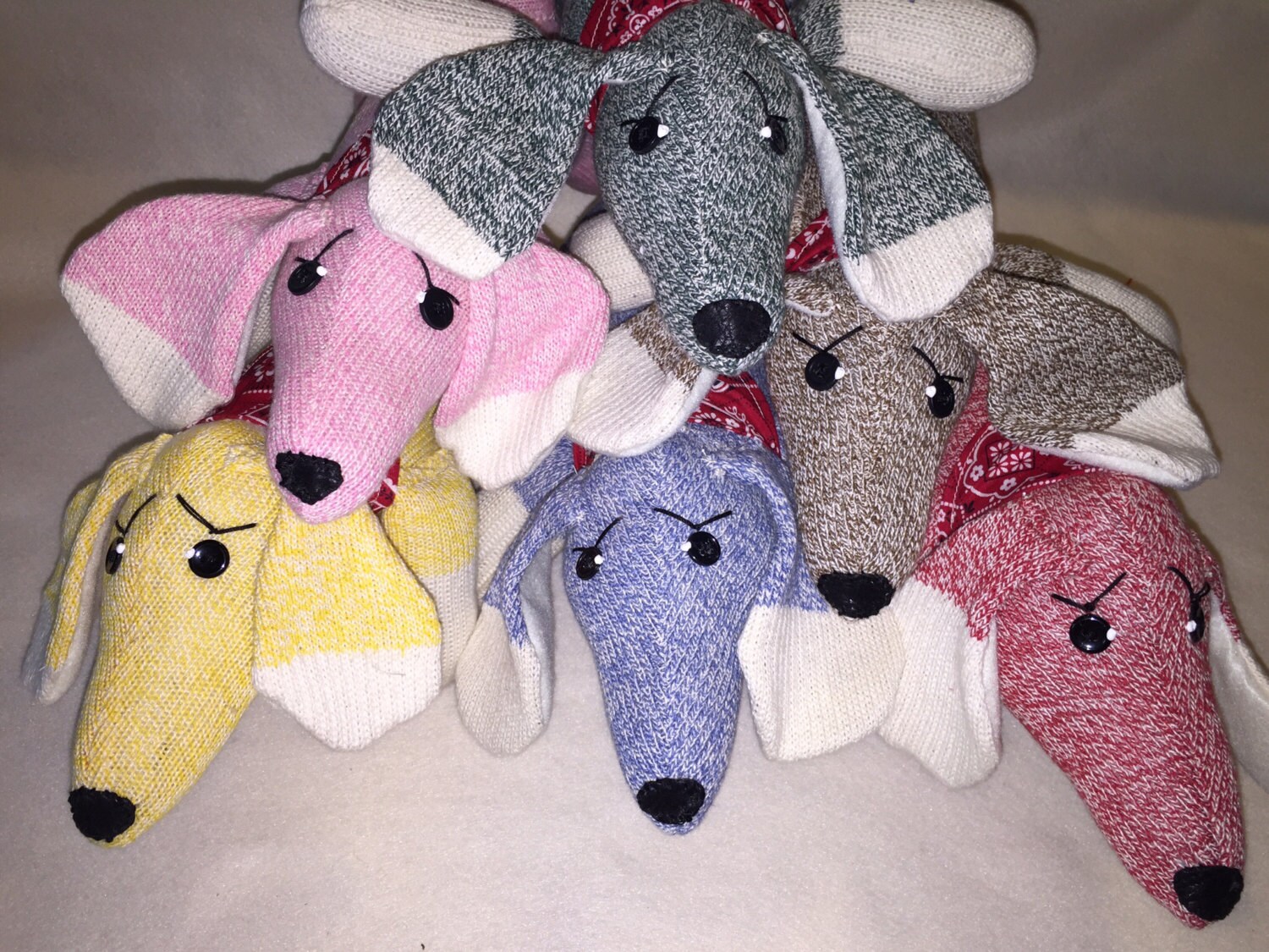Handcrafted sock monkey Dachshund aka Weiner Dog in pink, blue, brown…