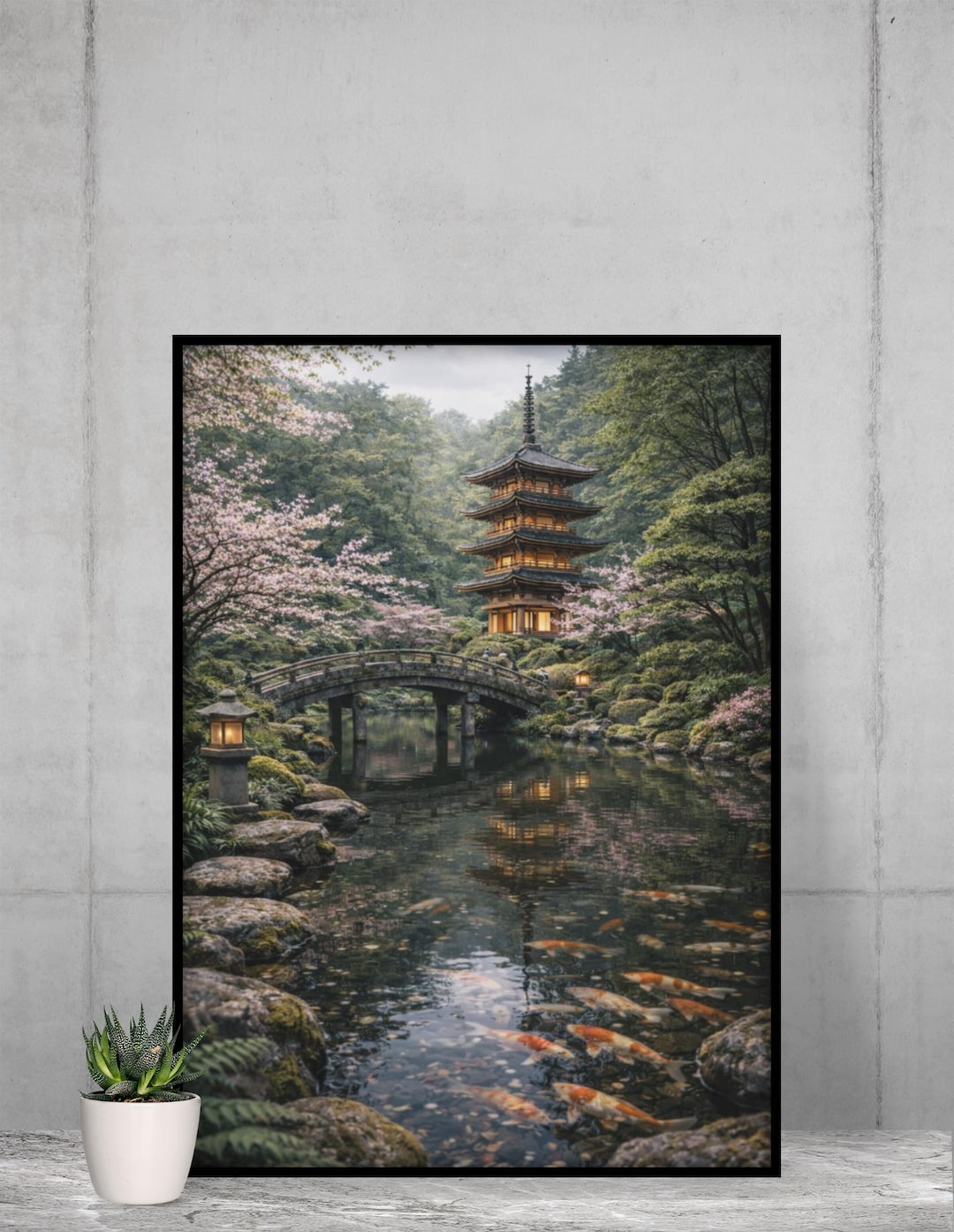 Japanese Zen Garden Wall Art With Koi, Luxury Green Temple Landscape ...